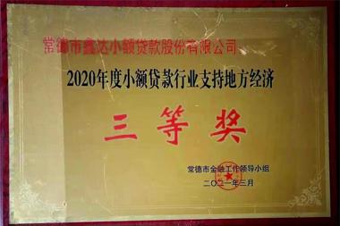 2020年度融資擔保行業(yè)支持地方經(jīng)濟三等獎—常德鑫達小額貸款股份有限公司